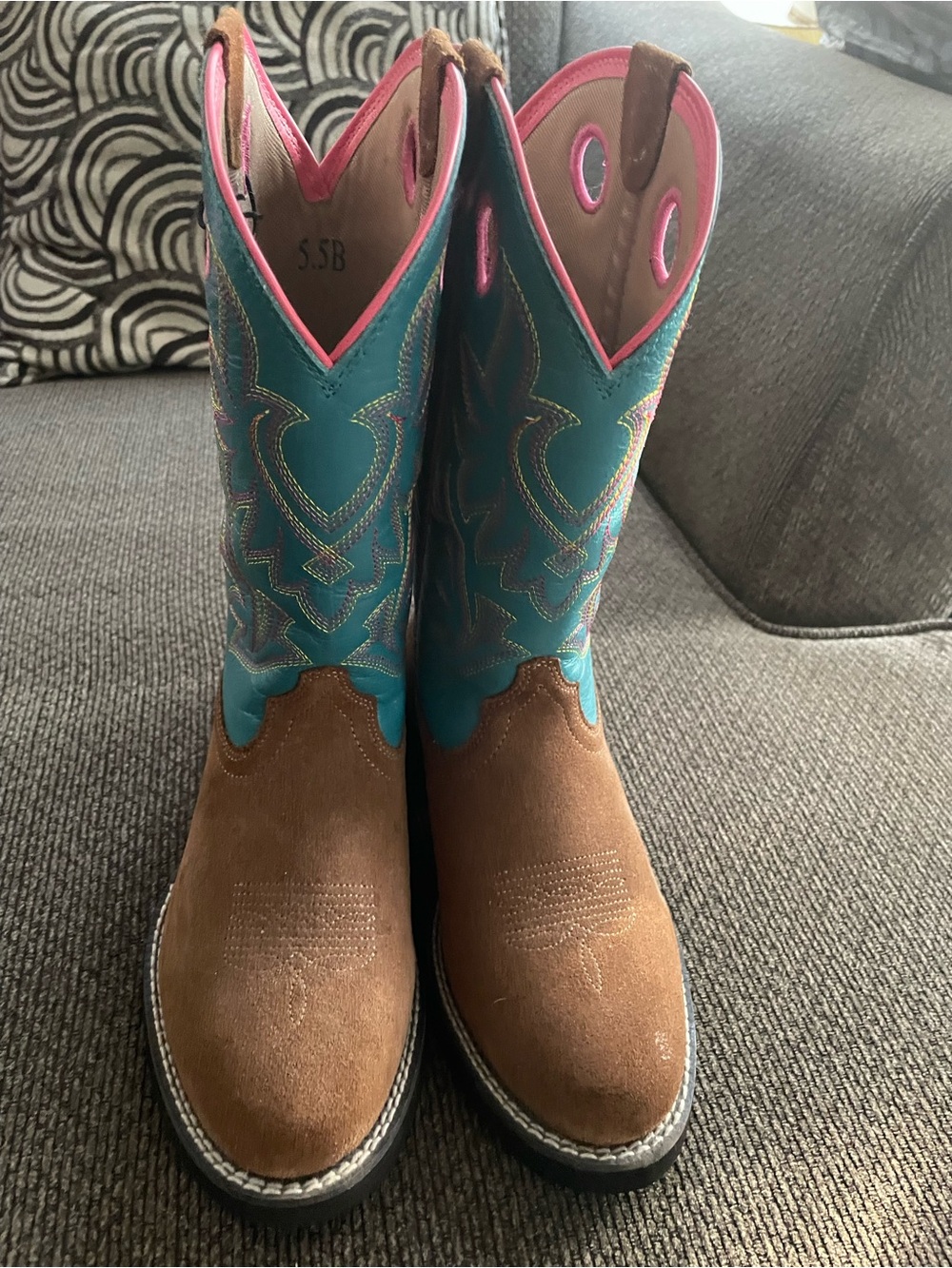 Ariat Brown Suede & Teal Kids Western Boots with Pink Trim